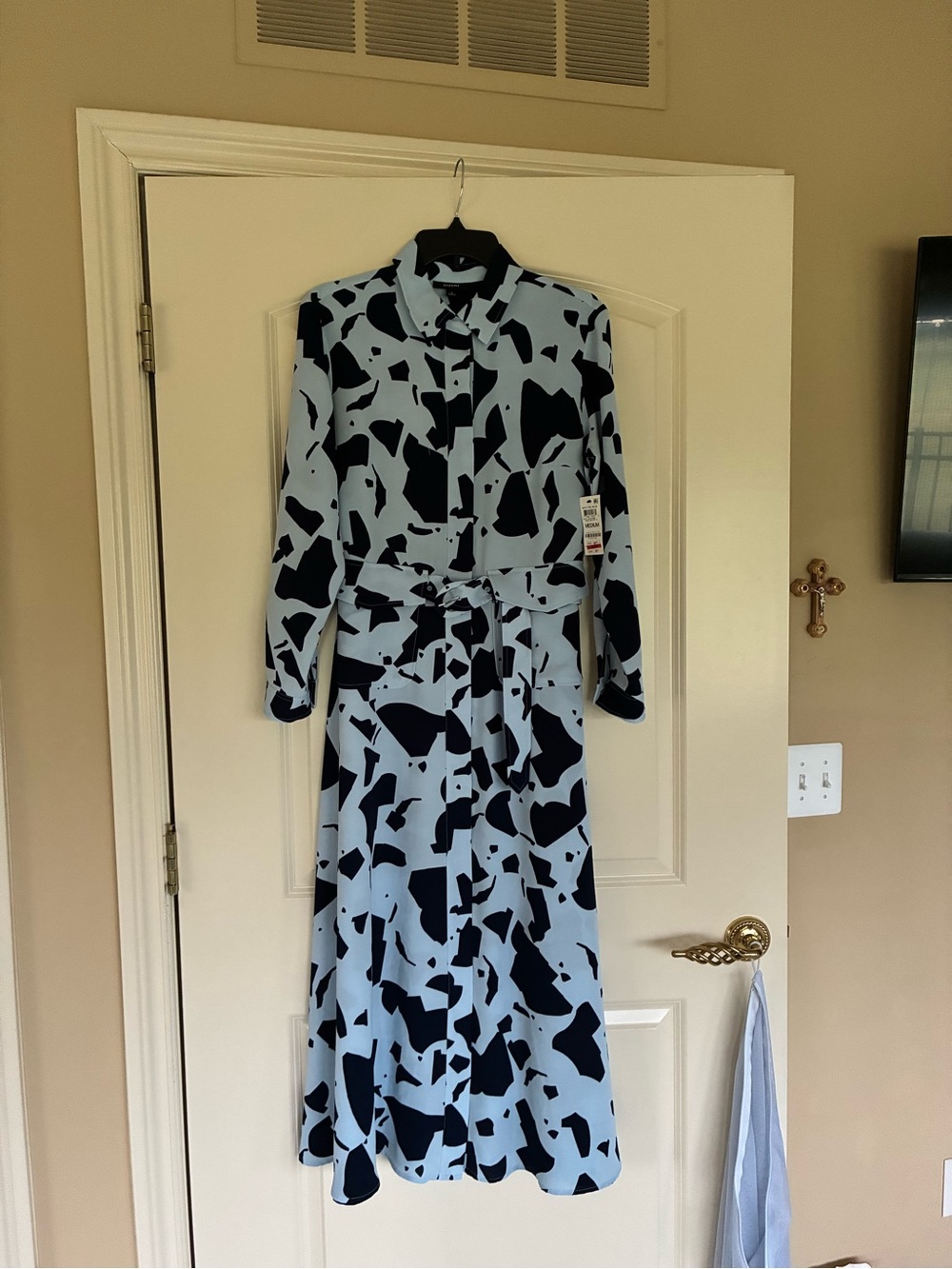 Alfani Light Blue and Black Long Sleeve Shirt Dress with Tie Waist